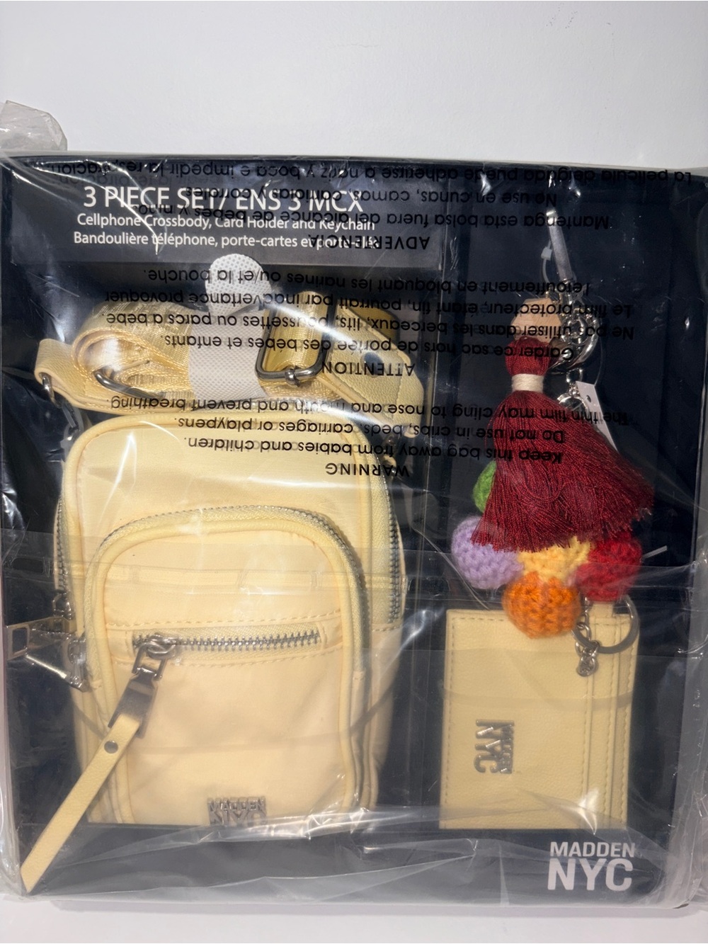 Madden NYC 3-Piece Cell Phone Crossbody Set Card Holder Pom Pom Keychain NWT